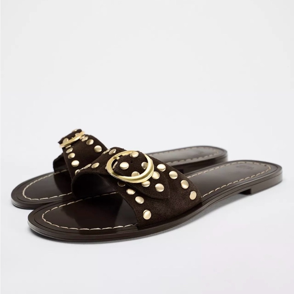 Zara   Leather Sandals with Gold Studs NWT